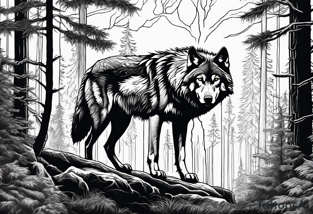 Detailed powerful Wolf in Front of a scary forest tattoo idea