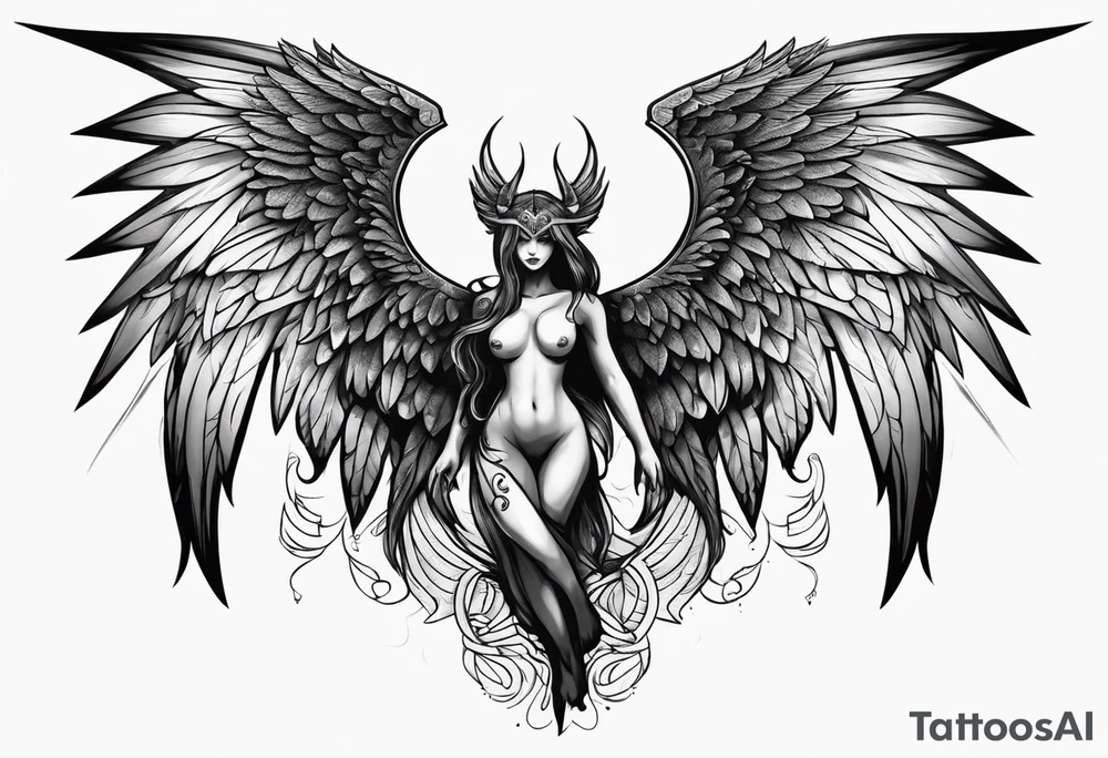 half angel half demon body with wings open tattoo idea