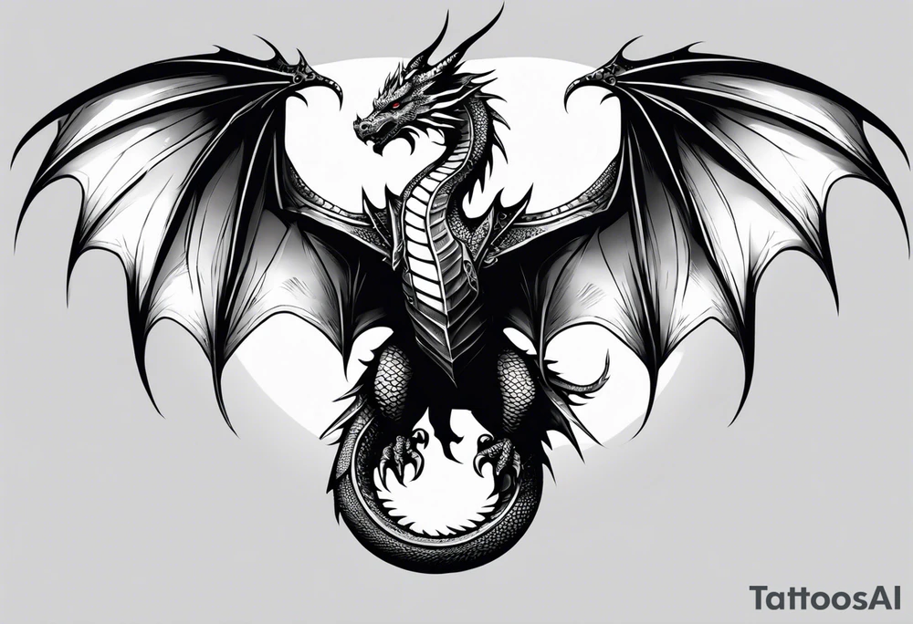 Symmetrical, Realistic dragon, facing forward. With both wings spread out. Torn look to wings. Tails wraps down and has a morning star weapon at the end of tail. The tattoo would be suitable for the centre of a chest tattoo idea