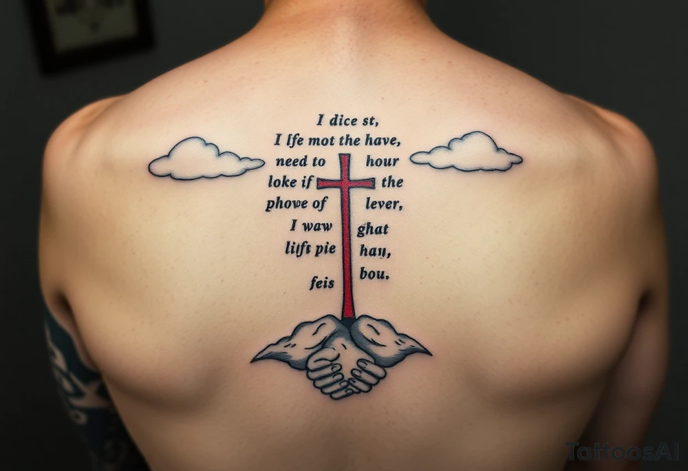 Red and black ink inner sleeve tattoo with bible verse the background faint clouds and 3 crosses one red in the middle under a chosen wrist tattoo before the hand/palm tattoo idea