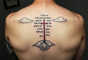 Red and black ink inner sleeve tattoo with bible verse the background faint clouds and 3 crosses one red in the middle under a chosen wrist tattoo before the hand/palm tattoo idea