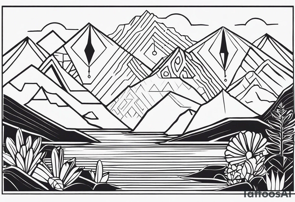 Create a tattoo design in a linear geometric art style depicting images associated with Peru, such as the Andes Mountains, Machu Picchu, llamas or traditional textile patterns. The tattoo should be done in a monochromatic black and white color scheme with clear outlines and minimal details to create an elegant and modern composition. tattoo idea