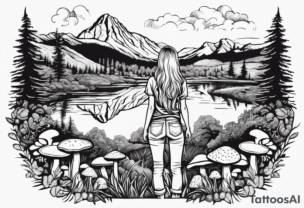 Straight long blonde hair hippie girl in distance holding mushrooms in hand facing away toward mountains and creek surrounded by mushrooms tee shirt and hiking pants tattoo idea