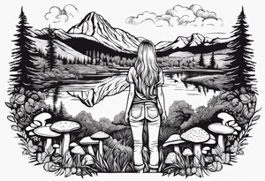 Straight long blonde hair hippie girl in distance holding mushrooms in hand facing away toward mountains and creek surrounded by mushrooms tee shirt and hiking pants tattoo idea