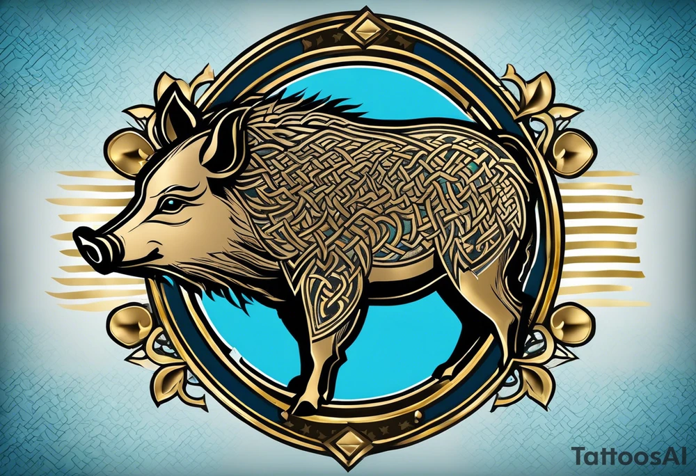 Side profile, Celtic, tribal, wild boar, On a Chatwin family crest with blue background, two gold stars, and a gold Chevron, and a Thistle tattoo idea