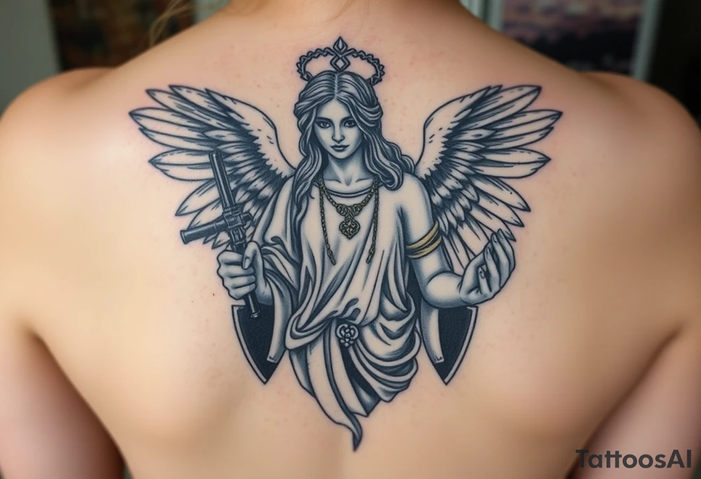 old angel statue in criminal style, tattooed and at the same time contemporary, weapons in hand, gangster-style gold necklaces tattoo idea