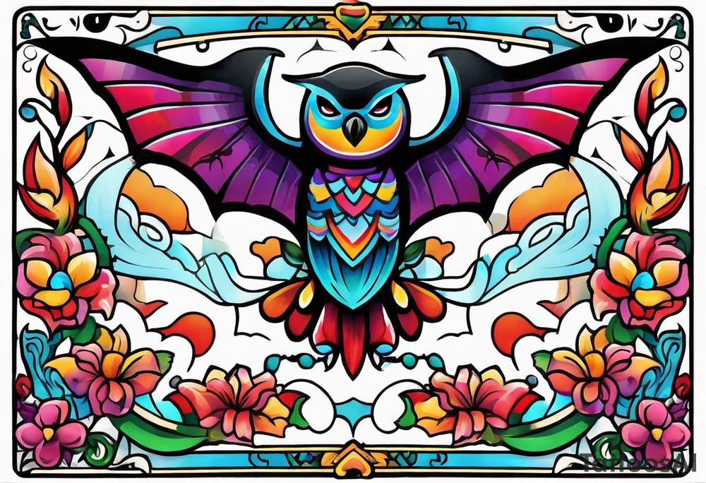 Colorful Mexican hieroglyph with bats and water tattoo idea