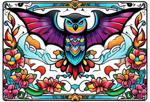 Colorful Mexican hieroglyph with bats and water tattoo idea