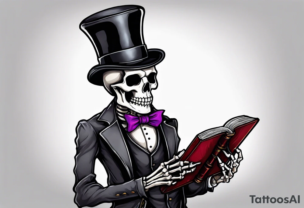 skeleton wearing a top hat holding a holy bible tattoo idea