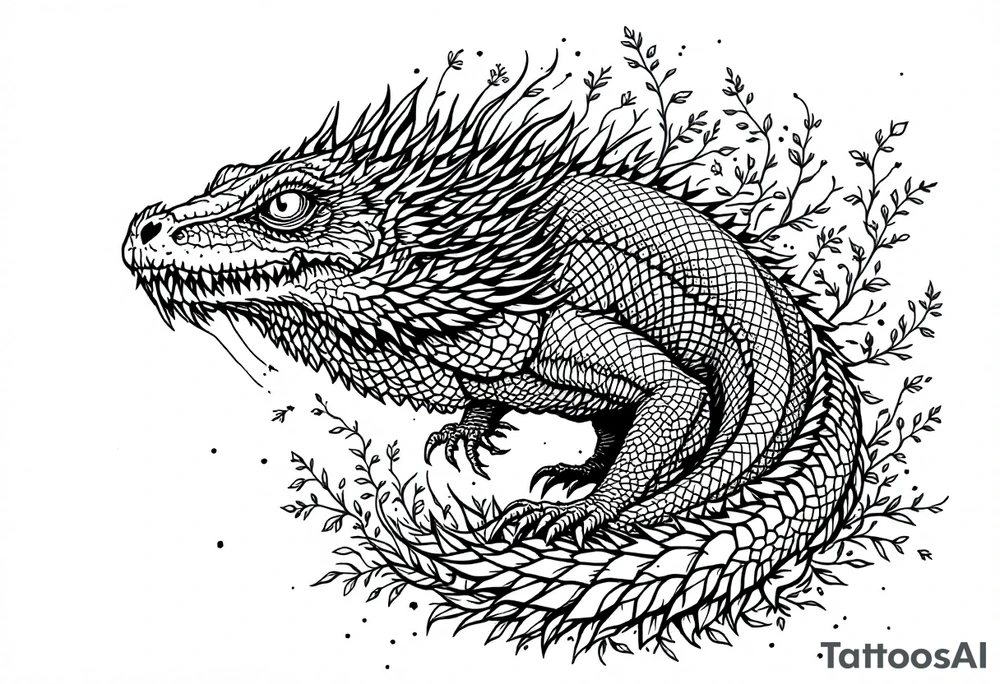 powerful majestic reptile, surrounded by floral ornaments tattoo idea
