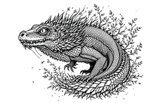 powerful majestic reptile, surrounded by floral ornaments tattoo idea