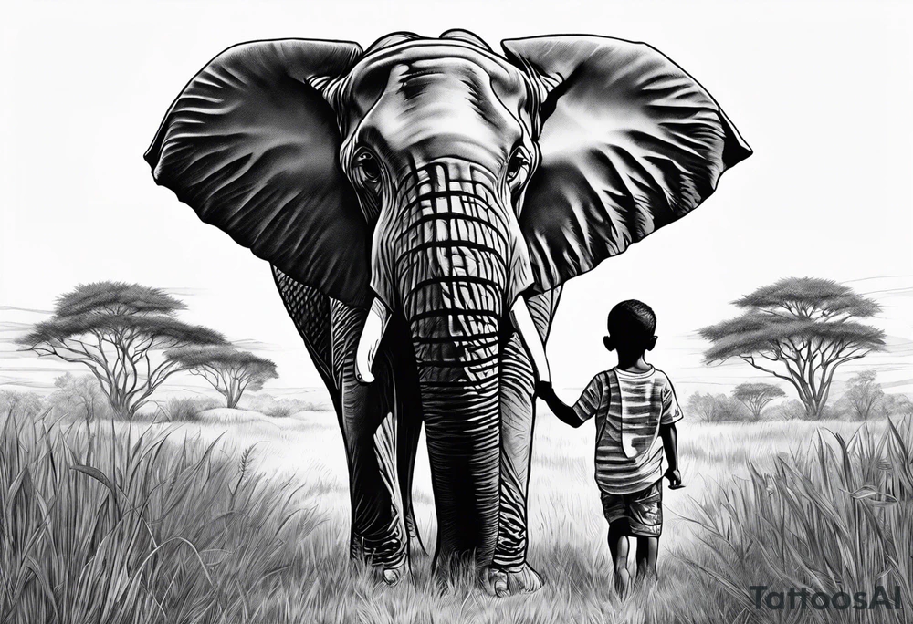 A very detailed elephant facing forward with a boy holding onto the trunk facing forward. In the background there will be tall grass like in africa tattoo idea