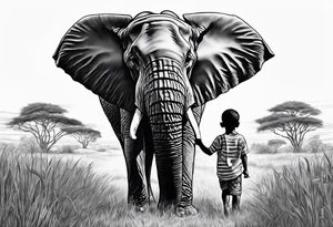 A very detailed elephant facing forward with a boy holding onto the trunk facing forward. In the background there will be tall grass like in africa tattoo idea