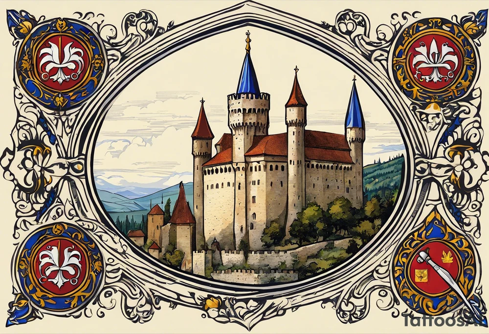 "I want a tattoo that features King Tvrtko I of Bosnia in a realistic medieval portrait. The design should include his crown and scepter, symbolizing his royal status. Surrounding the portrait, incorporate the coat of arms of the Kingdom of Bosnia, featuring the fleur-de-lis pattern. I’d like the background to include medieval architectural elements like castles or fortresses and possibly some natural landscapes that represent Bosnia. Add the text 'King Tvrtko I' in a medieval-style font, along with his reign dates. The overall style should be either black-and-gray. tattoo idea