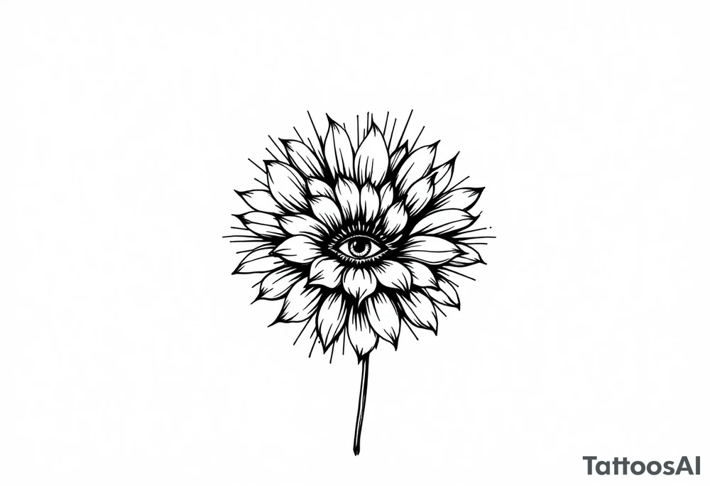 A long flower with stalk and with the centre being an eye and around the petals having black sunrays tattoo idea