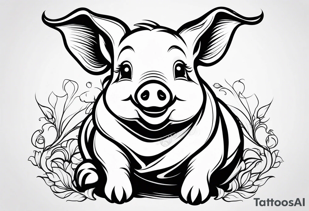very cute chubby happy piglet.
outline only.
black and white only.
only show the piglet. no extra lines or decoration.
no black shading.
dont make the ears too big.
draw very thin lines tattoo idea