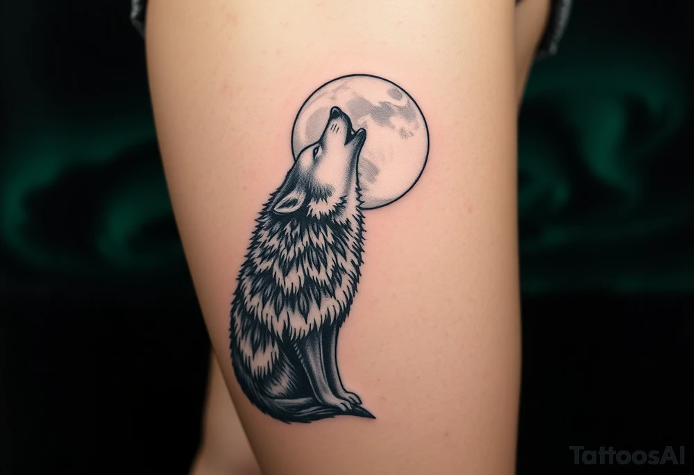 lone wolf howling at full moon with northern lights backdrop tattoo idea