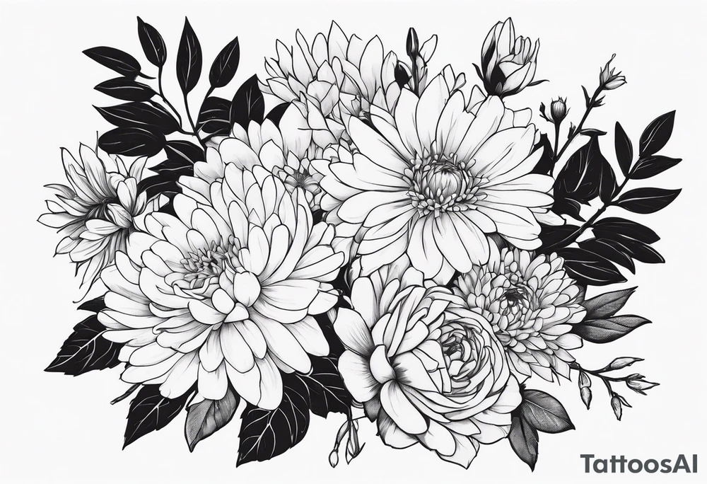 Asters, roses, hawthorns, and chrysanthemums in a long line tattoo idea