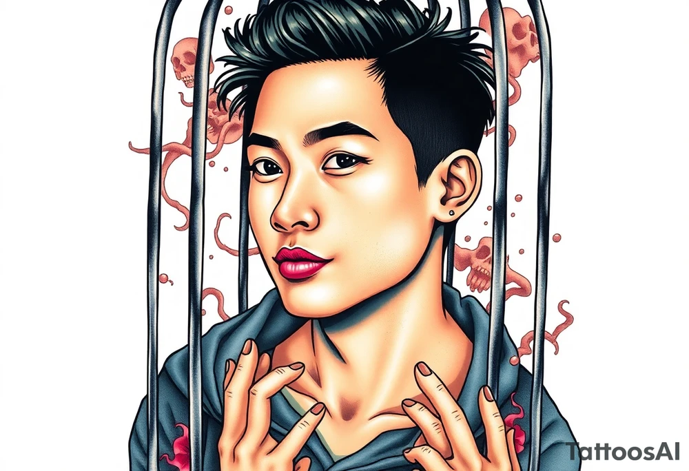 Handsome Asian young guy in scary cage tattoo idea