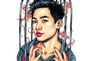 Handsome Asian young guy in scary cage tattoo idea