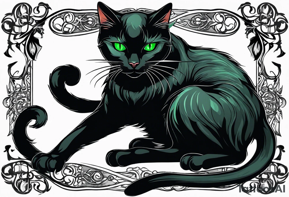 Black cat with green eyes hissing with its tail wrapped around a sword tattoo idea