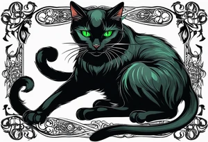Black cat with green eyes hissing with its tail wrapped around a sword tattoo idea
