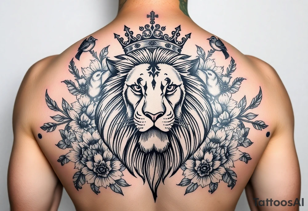 powerful majestic lion with a crown, surrounded by floral ornaments and birds tattoo idea