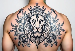 powerful majestic lion with a crown, surrounded by floral ornaments and birds tattoo idea