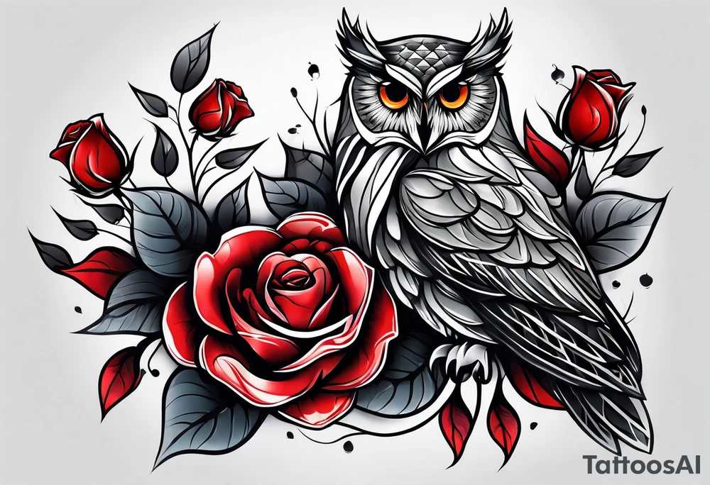 Forearm tattoo Color Owl with red roses tattoo idea