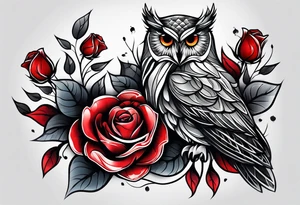 Forearm tattoo Color Owl with red roses tattoo idea