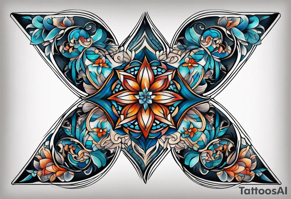 semi Detailed neo traditional knee tattoo flat on paper. The tattoo features geometric patterns and bold lines, creating a visually striking design with slight tints of deep fall colors. outside the tattoo features deep blues washes and water swirls in fall elements and colors tattoo idea
