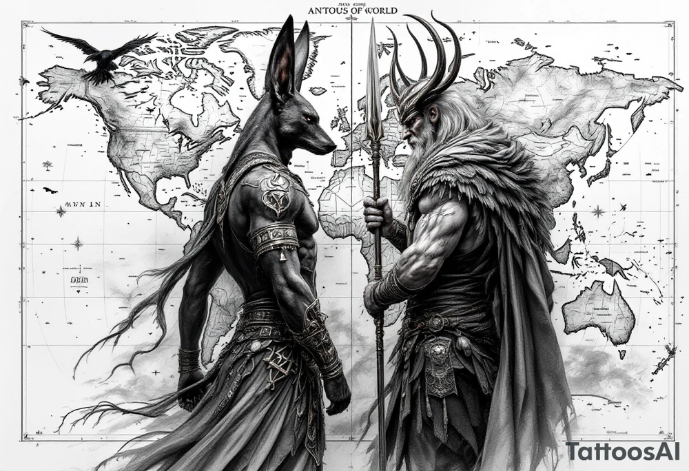 Design a full-back tattoo in a hyper-realistic style. The central background is a detailed geographical map, showcasing continents, oceans, and subtle topographical details, blending seamlessly into the composition. On the left side, Anubis, the ancient Egyptian god of the afterlife, is depicted in striking realism, standing tall with a jackal head, wearing traditional Egyptian armor and holding an ankh and a scepter. On the right side, Odin, the Norse Allfather, is shown in battle, wielding his spear Gungnir, with his ravens, Huginn and Muninn, flying around him. Odin’s intense expression and flowing cloak contrast with Anubis's stoic, watchful presence. The two figures face each other across the map, creating a dynamic tension, as if representing two powerful mythologies guarding the world. The design incorporates fine details and shading to bring depth and texture to the tattoo, emphasizing realism and artistry tattoo idea