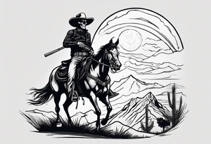 skeleton with a cowboy hat, holding a revolver, in the background there's a western hill and a man on a horseback tattoo idea