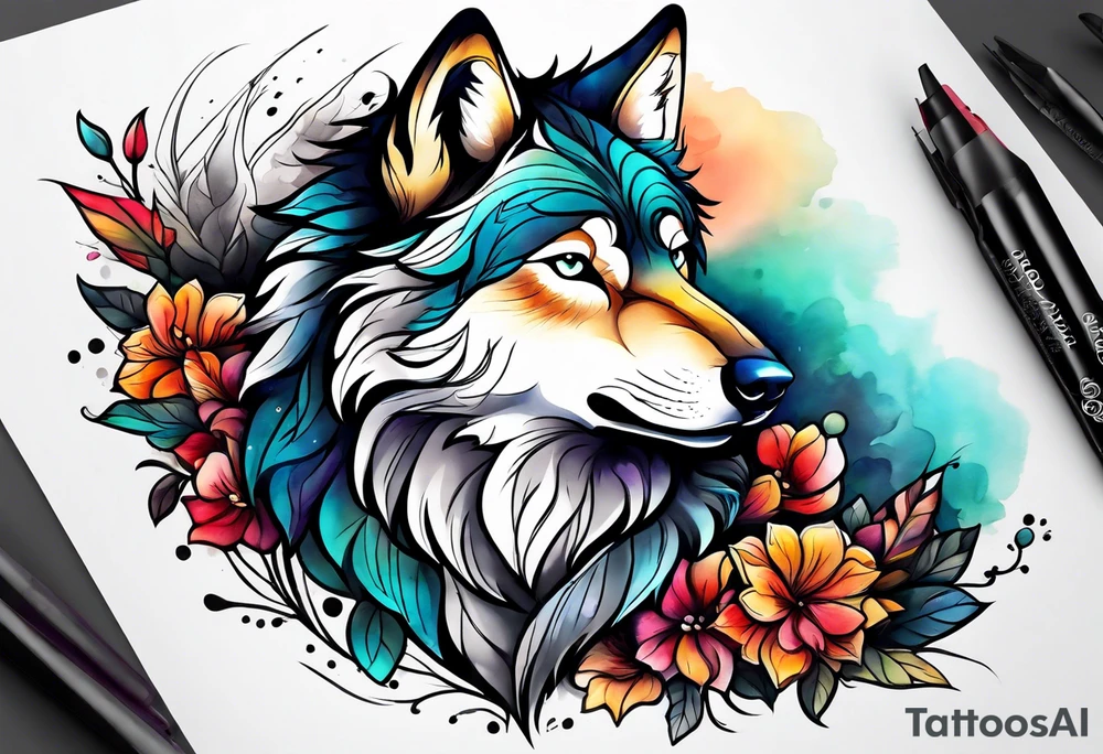Fluffy wolf sitting tattoo idea