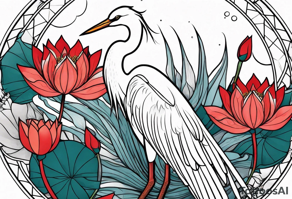 Egret and red lotuses tattoo idea