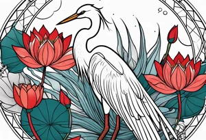 Egret and red lotuses tattoo idea