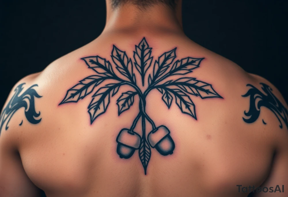 oak branch with thick leaves and acorns tattoo idea