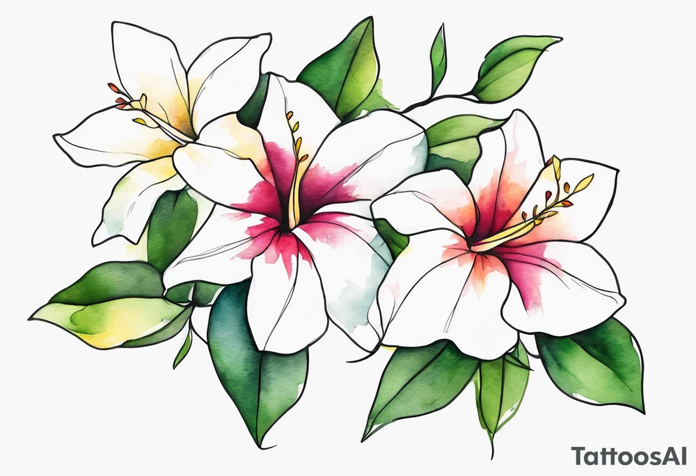 white background, abstract mandevilla flowers on a vine, part of it watercolor, part of it just line work tattoo idea