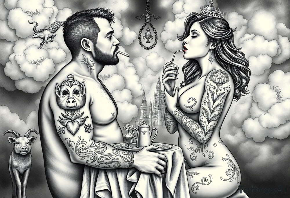 Mystical Naked Man and woman having sex eating cupcakes and  fruit  having sex clouds gothic sexy naked fat lady having a tea party with tea pot with fancy castle  
with a pigs, peacock,  lion, goat, noose and smoking cigerettes looking in the mirror thru storm clouds and broken hearts and darkness and wrath, envy , gluttony, greed, sloth, pride . Gothic tattoo idea