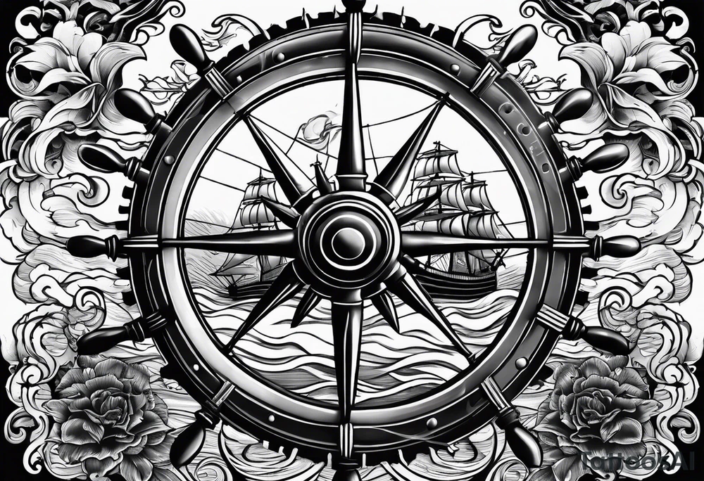 Clipper ship wheel in a storm tattoo idea