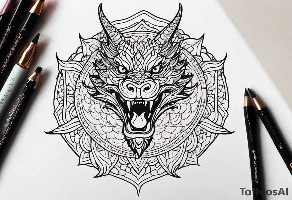 dragon head, mandala, facing front tattoo idea