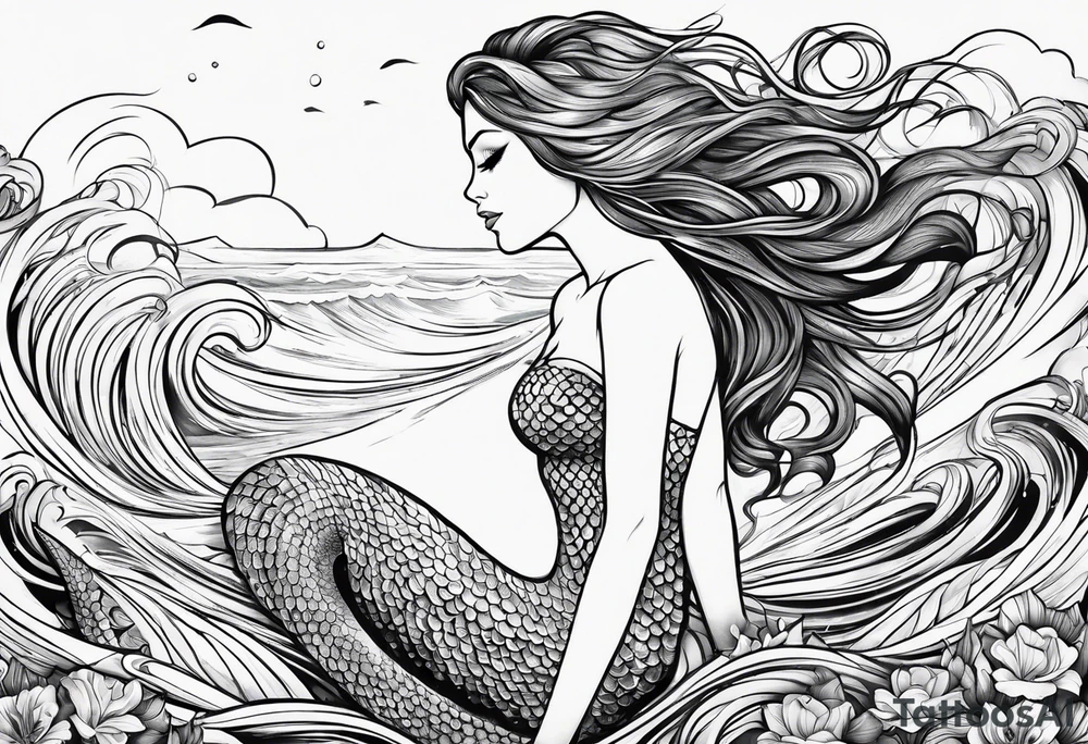 mermaid full body, waves, dark work tattoo idea