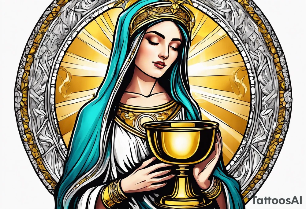 holy saint woman with golden halo holding a chalice tattoo idea