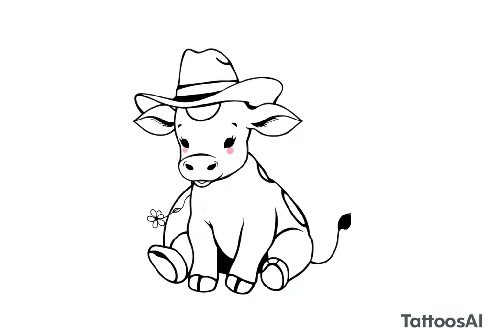 cute black and white baby cow sitting wearing a cowboy hat with a flower in mouth tattoo idea