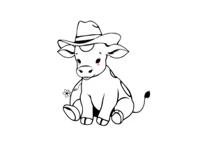 cute black and white baby cow sitting wearing a cowboy hat with a flower in mouth tattoo idea