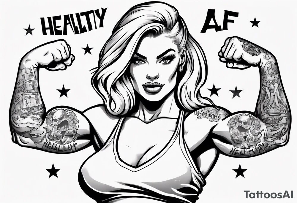 Blonde tattooed woman flexing her biceps with the words healthy AF in a banner tattoo idea