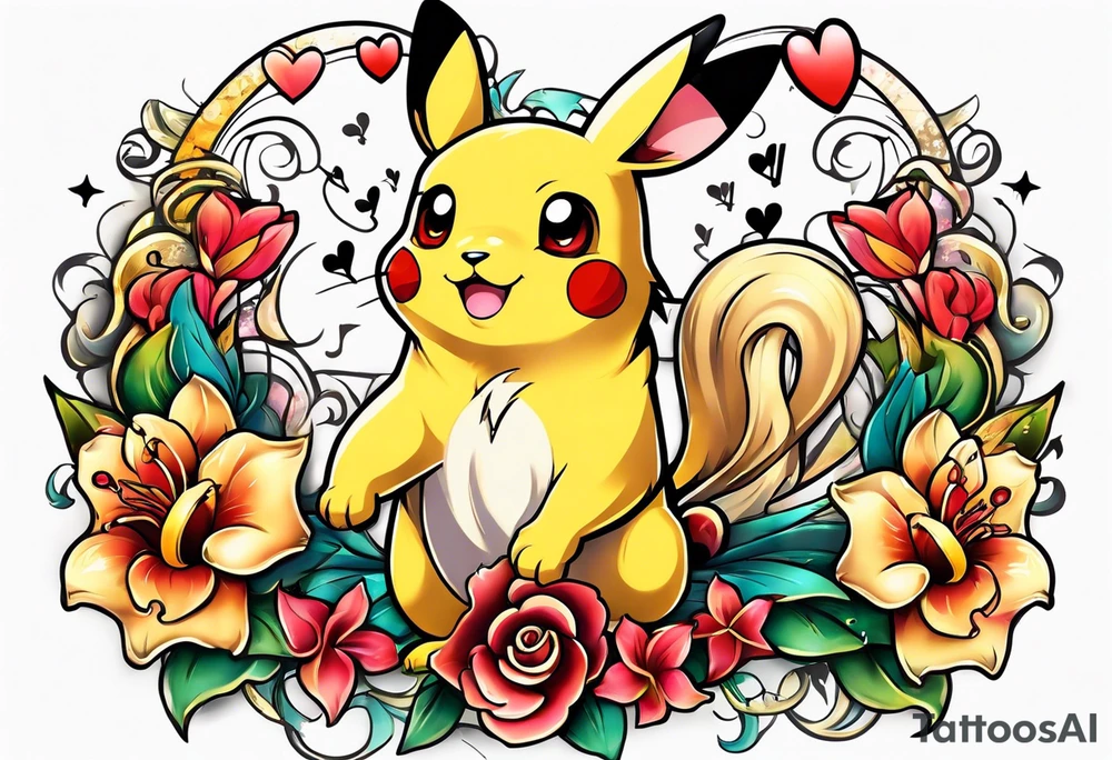 Pickachu and lion with lilies hearts and music notes tattoo idea