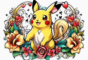 Pickachu and lion with lilies hearts and music notes tattoo idea