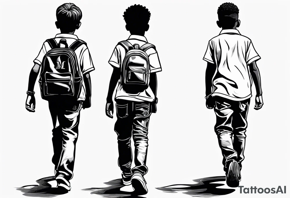 full bodies of 3 black school age boys walking away together and one is looking to the side at the one in the middle tattoo idea