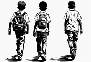 full bodies of 3 black school age boys walking away together and one is looking to the side at the one in the middle tattoo idea